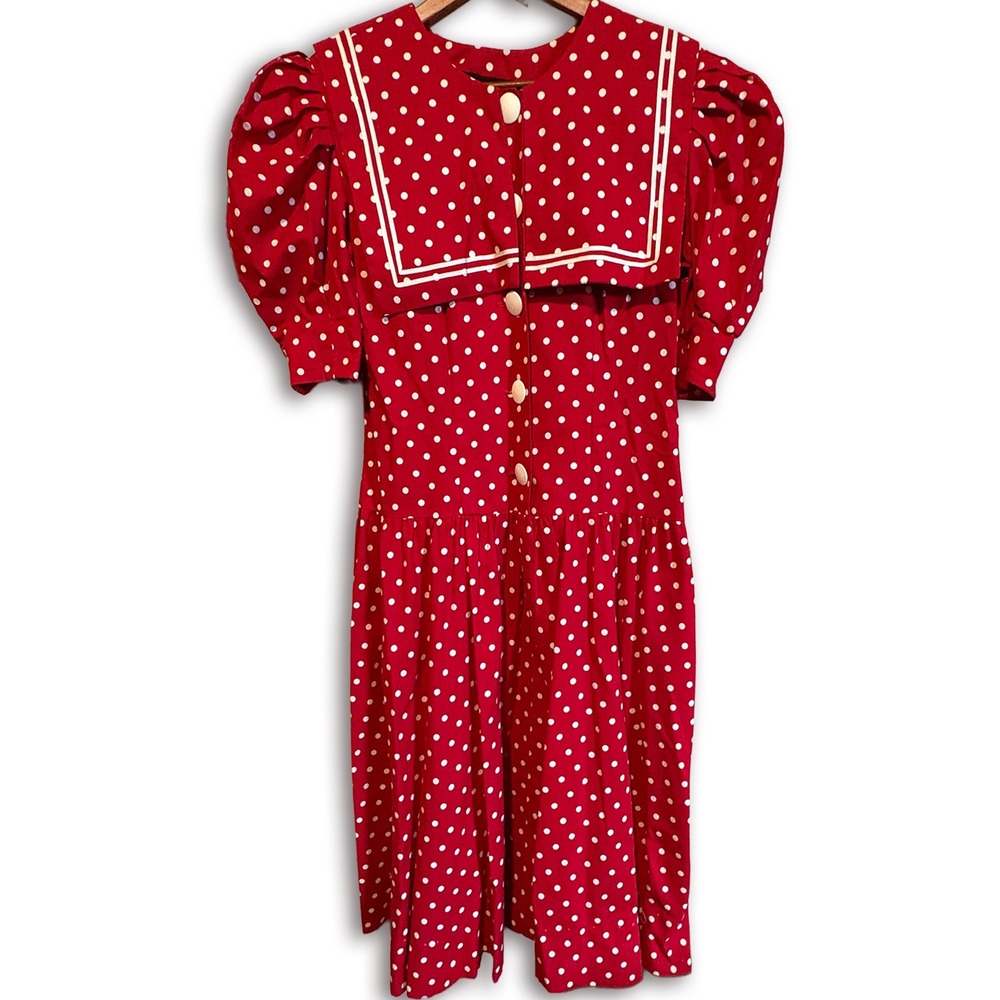 Vintage 80s Kate Warner Dress Red Polka Dot Sailor Puff Sleeve 100% Cotton